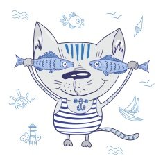 Funny Vector Cat with Fishes N2