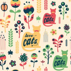 Colorful floral seamless pattern with love cats