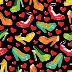 Colorful fashion women's shoes and hearts in seamless pattern
