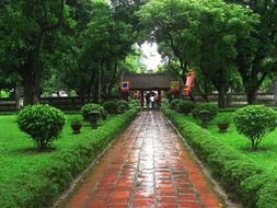 sidewalk in vietnam's garden in the rain