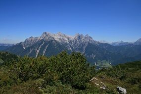 panorama of high alpine mountains against a blue sky