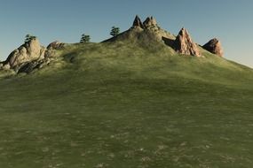 Beautiful landscape with the rocks on the green hill