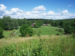 landscape farm sky clouds fields