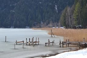 Landscape of iced lake in winter