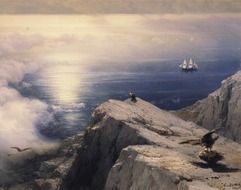 landscape view from the cliff to the ocean and the ship