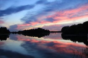 Landscape of purple and pink sunset sky's reflection on a river