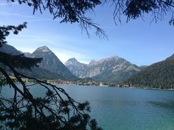 panoramic view of the lake in the tyrol mountains on a sunny day