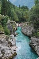 narrow mountain river among rocks at summer