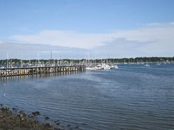 view from the shore to the pier of sailing boats