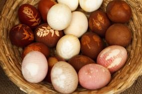 decorative eggs in a basket for a holiday