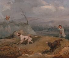 art picture of dogs and hunter