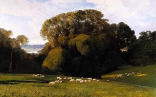 sheep herd grazing in countryside, painting on canvas by edward lyre
