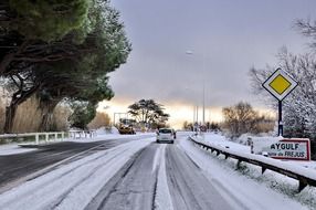 car on the highway in winter in France