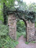 overgrown with ivy stone arch above walk path, germany