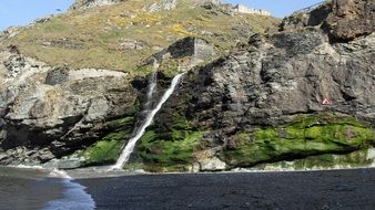 waterfall on a cliff near the ocean