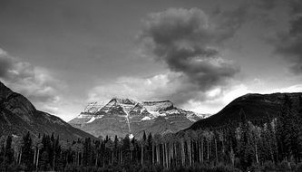 distant view of Mount Robson in black and white image