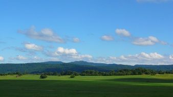 Landscape with the beautiful green prairie and mountains with trees under clouds