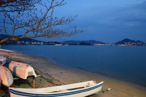 boats on the beach in the evening