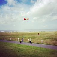 children fly a kite on the North Sea