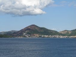 view from the water on the mountainous coast of Greece