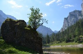 Landscape of lake and high mountains