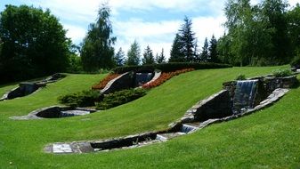 City waterfall on a green background