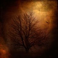 painting of a tree and flying eagle