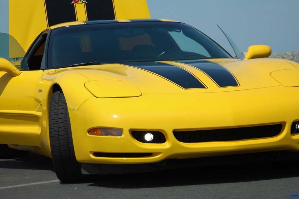 Yellow Corvette with black stripes closeup