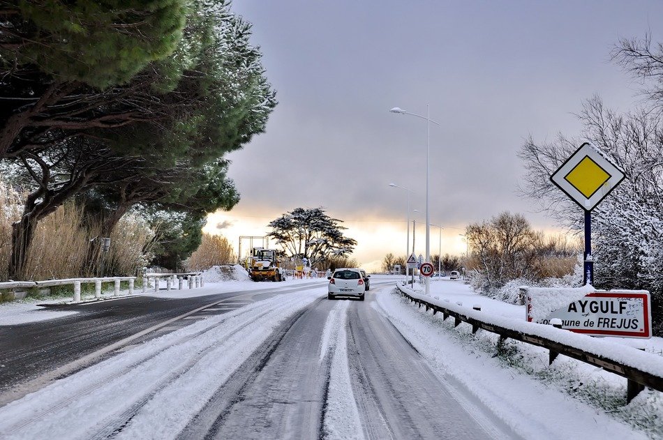 car on the highway in winter in France