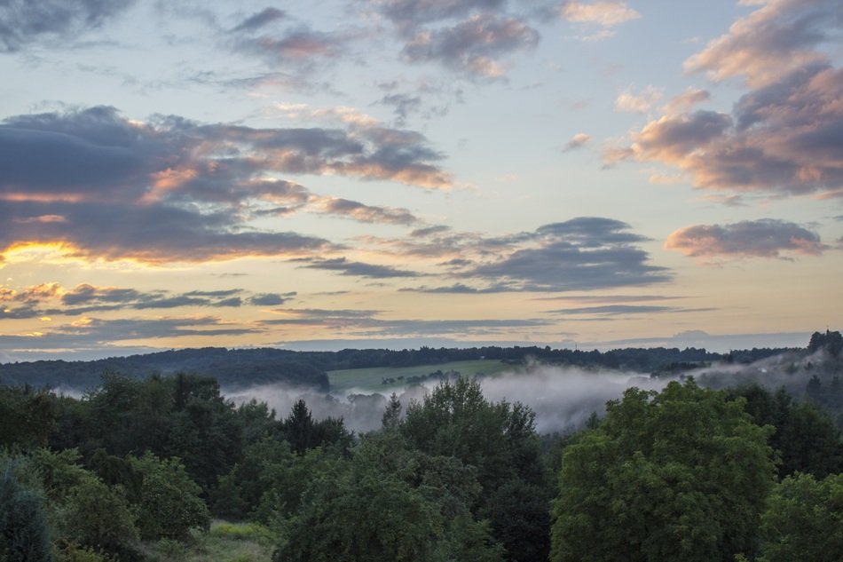 the evening sky and fog over the forest