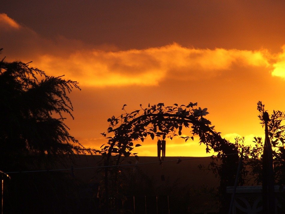 a couple of people on the horizon against the orange sky