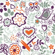 Cartoon seamless texture with flowers dragonfly and bird Endle