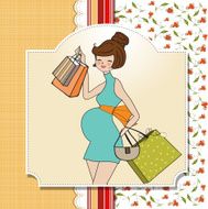 baby announcement card with beautiful pregnant woman on shopping N2