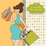 baby announcement card with beautiful pregnant woman on shopping N3