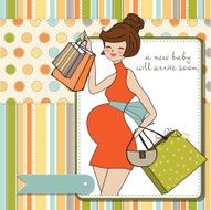 baby announcement card with beautiful pregnant woman on shopping N4