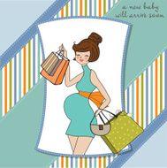 baby announcement card with beautiful pregnant woman on shopping N6