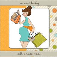 baby announcement card with beautiful pregnant woman on shopping N8