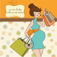 baby announcement card with beautiful pregnant woman on shopping N9