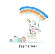 seamstress sewing colored threads