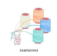 seamstress holding a needle and colored threads