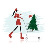 Santa girl with christmas tree in trolley
