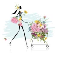 Woman with floral trolley for your design