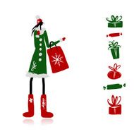 Girl in winter coat with shopping bag for your design