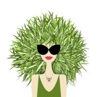 Female face with green grass hairstyle for your design