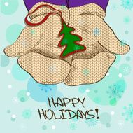 Illustration with hands in mittens holding Christmas tree bauble