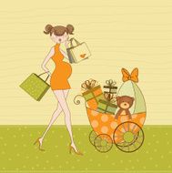 baby announcement card with beautiful pregnant woman on shopping N15