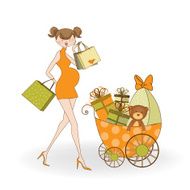 baby announcement card with beautiful pregnant woman on shopping N18