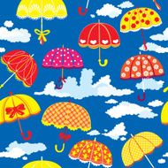 seamless pattern with colorful umbrellas and clouds on blue background