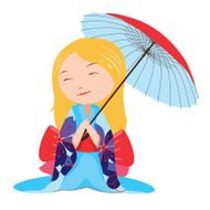 Kawaii blonde girl with red umbrella