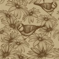 Seamless pattern with flowers and bird titmouse Vector illustration